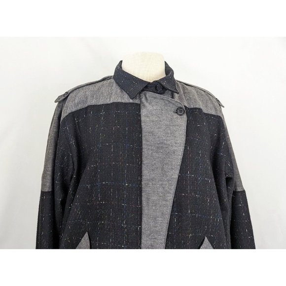 Vintage 80s Jacket Sally Von Werlhof Black Gray Wool Blend Floral Tweed Size M - Picture 3 of 10